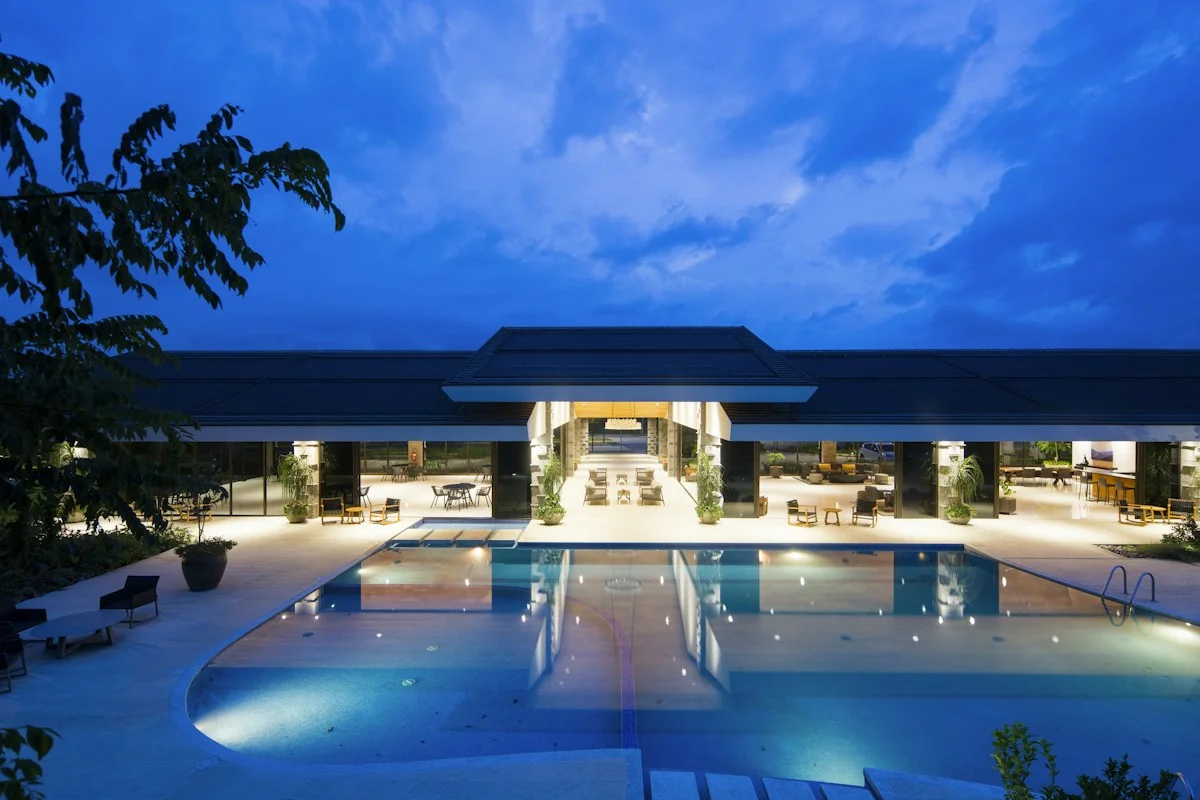 Serene resort evening atmosphere at dusk with warm lighting